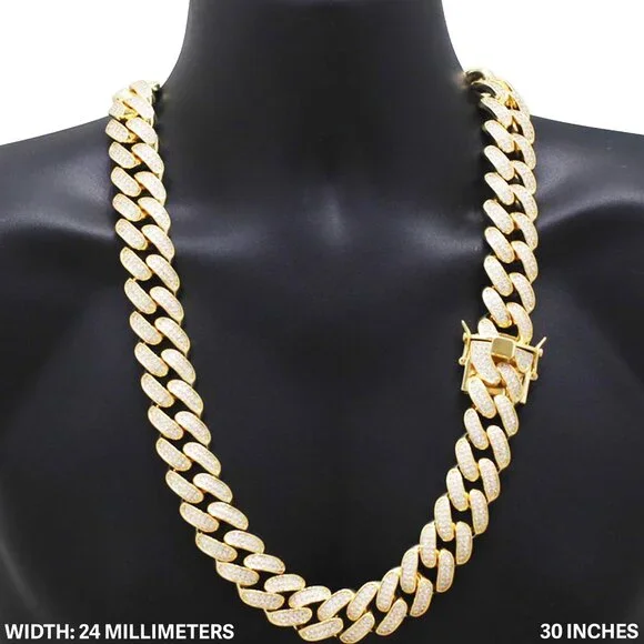 14k Yellow/White GP AAA CZ 24mm Cuban Link Chain Necklace Bracelet 9”-30”